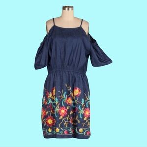 BOUTIQUE ITEM- Floral Embroidered Cold Shoulder Mini Dress - Blue Denim